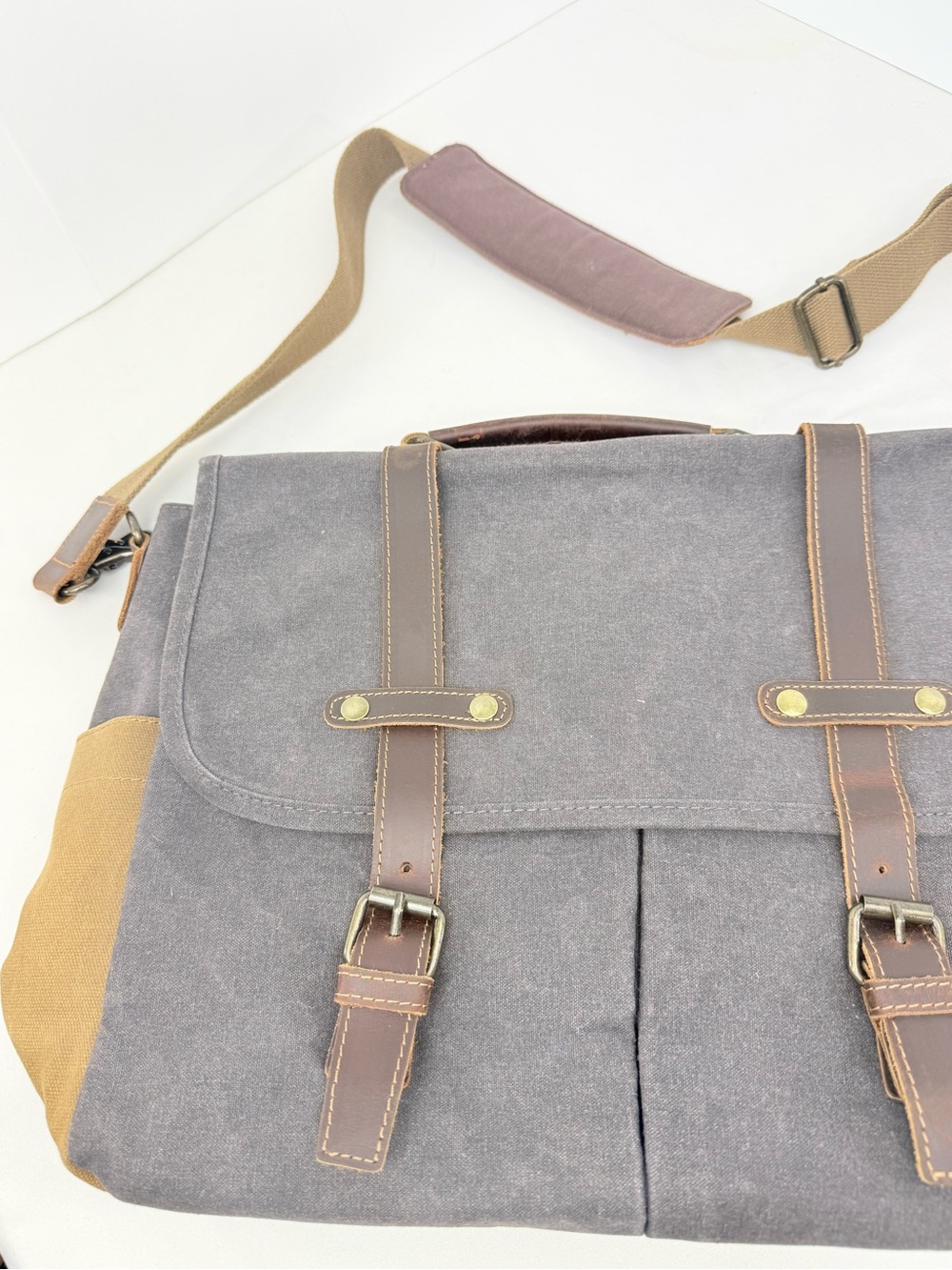 Newhey Gray Brown Thick Waxed Canvas Laptop Commuter Academic Satchel Bag - Picture 9 of 16
